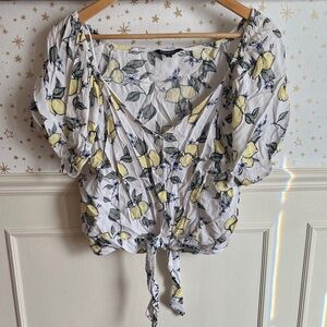 George White Lemon Print Tie-Front Blouse